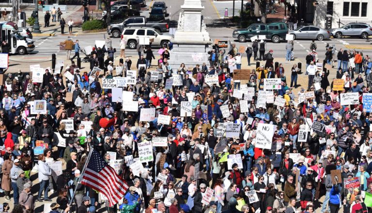 Many People Protest Trump, Musk, and Other Issues at a Gathering at the Statehouse